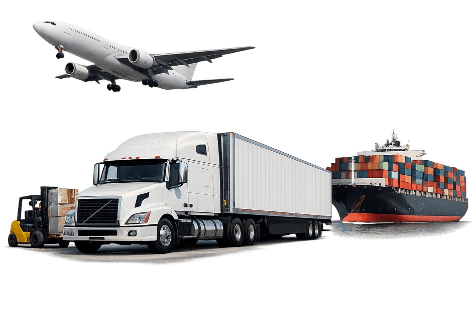 Airplane, truck, and cargo ship representing integrated logistics
